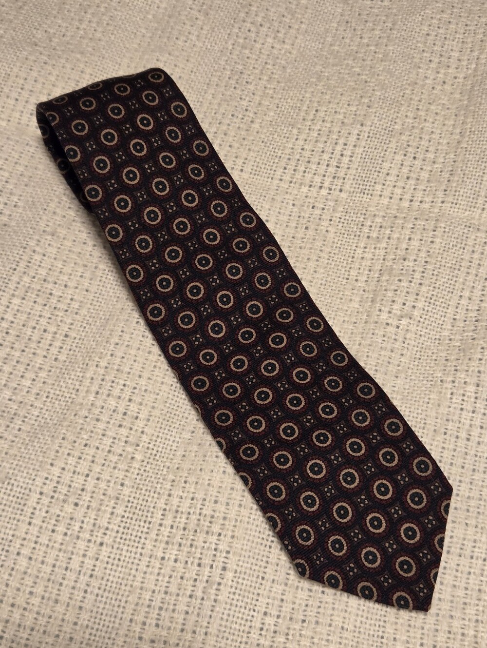 Vintage Liberty Of London Silk Tie Navy Blue Beige Geometric Medallion Classic